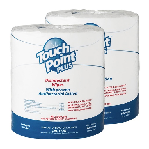 [WD900] 900-Wipes per roll, 8inx6in TouchPoint Disinfectant Wipes, 2 per Case (for Dispenser C9SSFS)